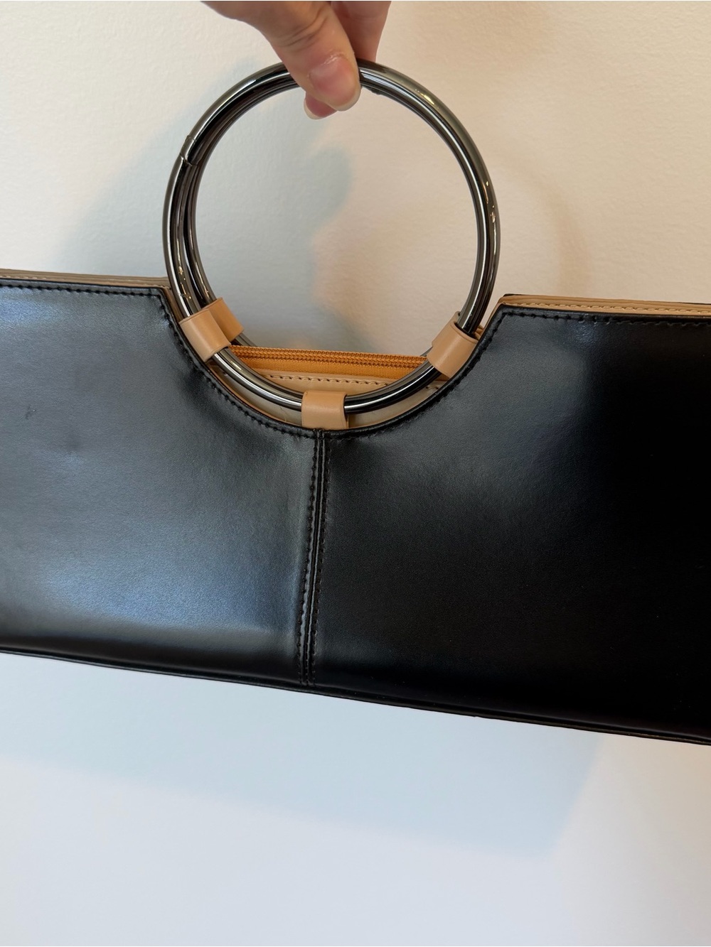 Black Leather Wristlet Clutch with Tan Trim and Metal Ring Handles